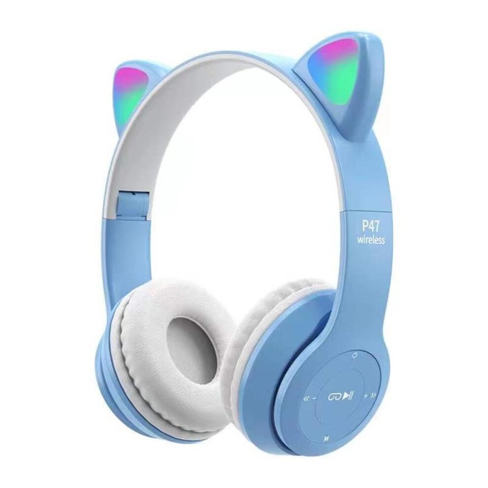 (Blue) P47m Kids Cat Ears Wireless Mic Headphone