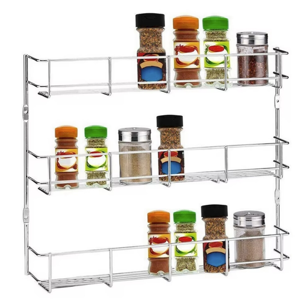 (3 Tier) Wall Mount Inside Cabinet Cupboard Silver Metal Spice Herb Jar Storage Rack Tidy Organiser