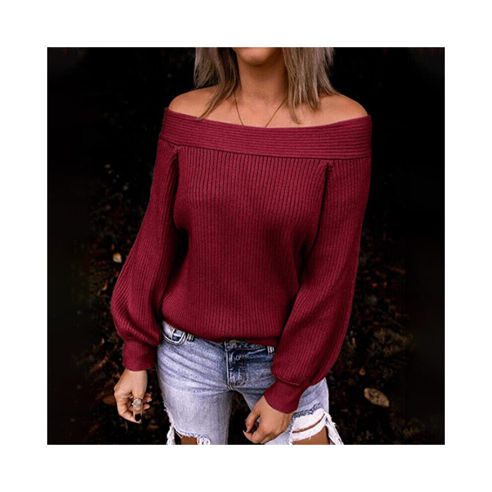 (Wine Red, S) (Pink, L) Off Top  Shoulder Women Soft Jumper Knitted Long Sleeve Pullover Winter Sweater-image-OPC-PFQ65S9-NEW