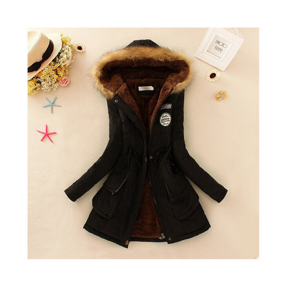 (Black, XL) (Wine Red, XL) Ladies Hooded Thickened Jacket Drawstring Pocket Long Sleeve Trench Coats