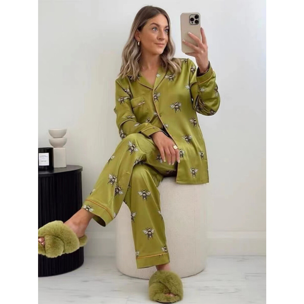 (M) Women's Pajama Set Spring Autumn 2 Piece Bee Print Pyjama Pocket Faux Silk Satin Sleepwear Long Sleeve Pijama Mujer Pjs Homewear