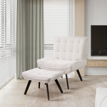 White Velvet Widened Wingback Accent Chair with Footstool