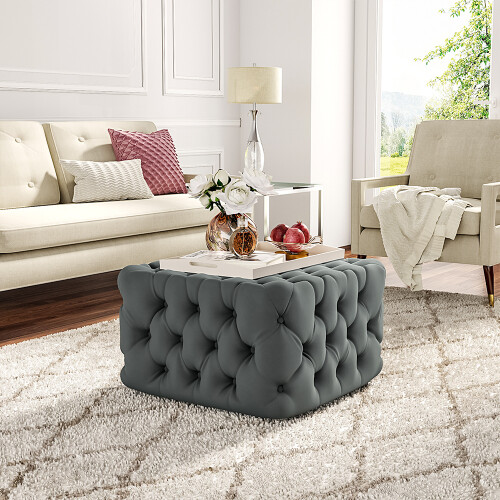Living And Home Grey Velvet Buttoned Tufted Footstool 62cm x 62cm x 40cm