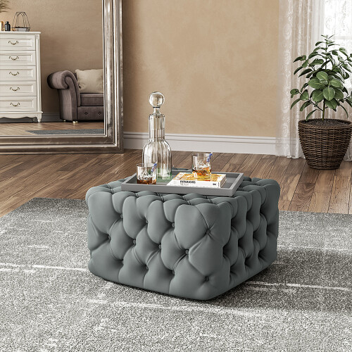 Living And Home Grey Velvet Buttoned Tufted Footstool 62cm x 62cm x 40cm 1