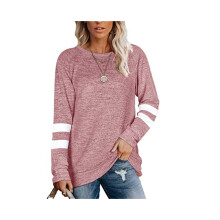 (Pink, M) (Black, XL) Women Long Sleeve Sweatshirts Striped Color Block Crew Neck Casual T-shirt