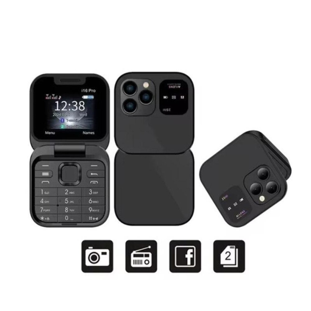 (Black) Small Foldable Mobile Phone Auto Call Record Speed Dial Dual SIM Card High Definition Rear Camera Flip Telephones Cellphones