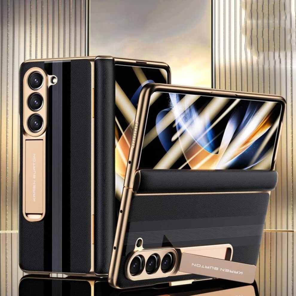 (Black, For Galaxy Z Fold 5) Genuine Leather Cases for Samsung Galaxy Z Fold 6 5 Hinge Magnetic Plating Case Fold 4 3 360 Full Protector Kickstand Protection Cover