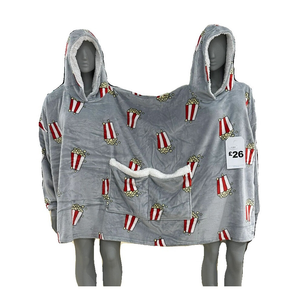 (Popcorn Double Sweatshirt) Double Pajamas Cozy Couples Pajamas Set with Hooded Popcorn Print Double Pocket Thick Plush Material Long Sleeve Robe for