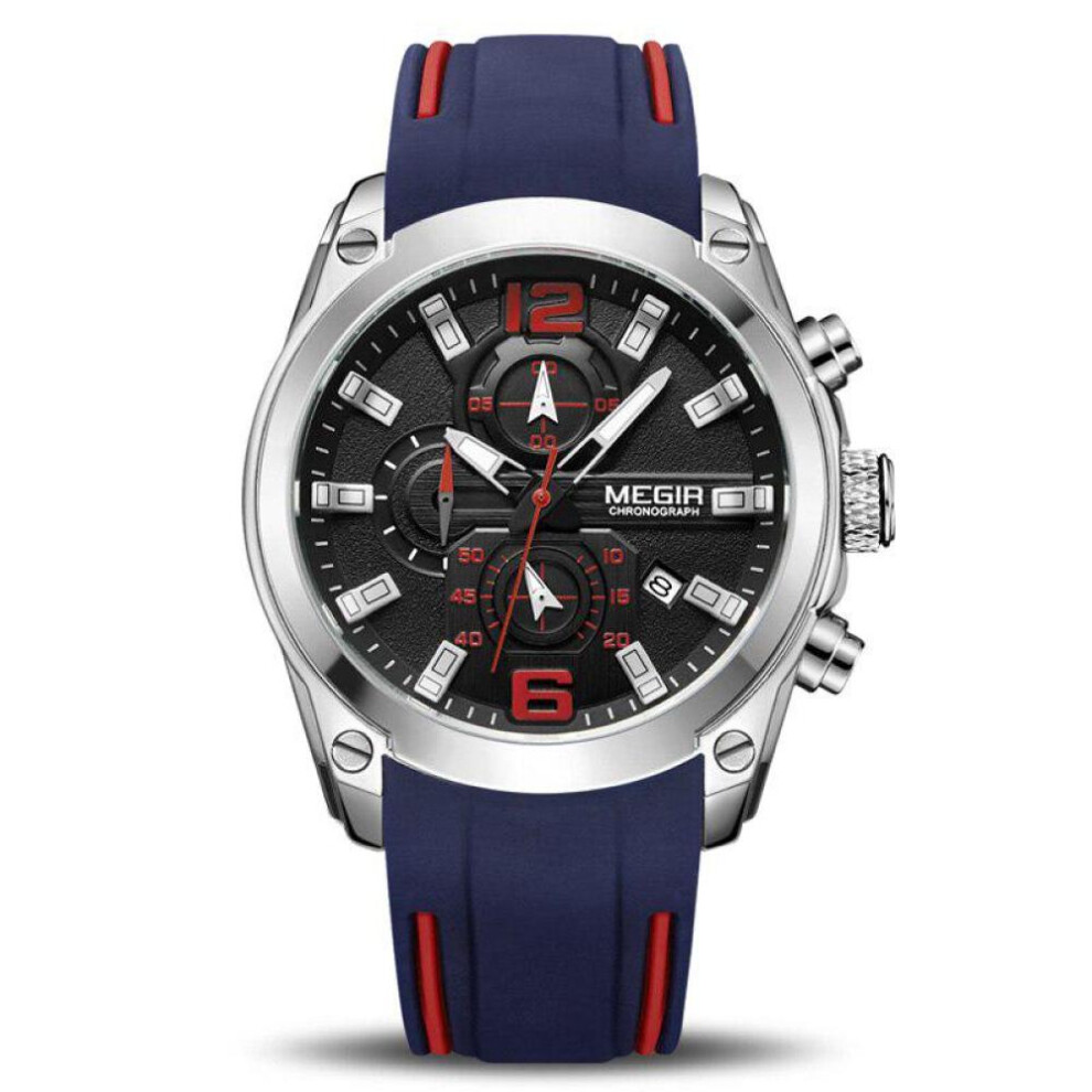 (Blue) MEGIR Men&apos;s Analogue Sport Chronograph Luminous Quartz Watch with Fashion Silicone Strap 2063