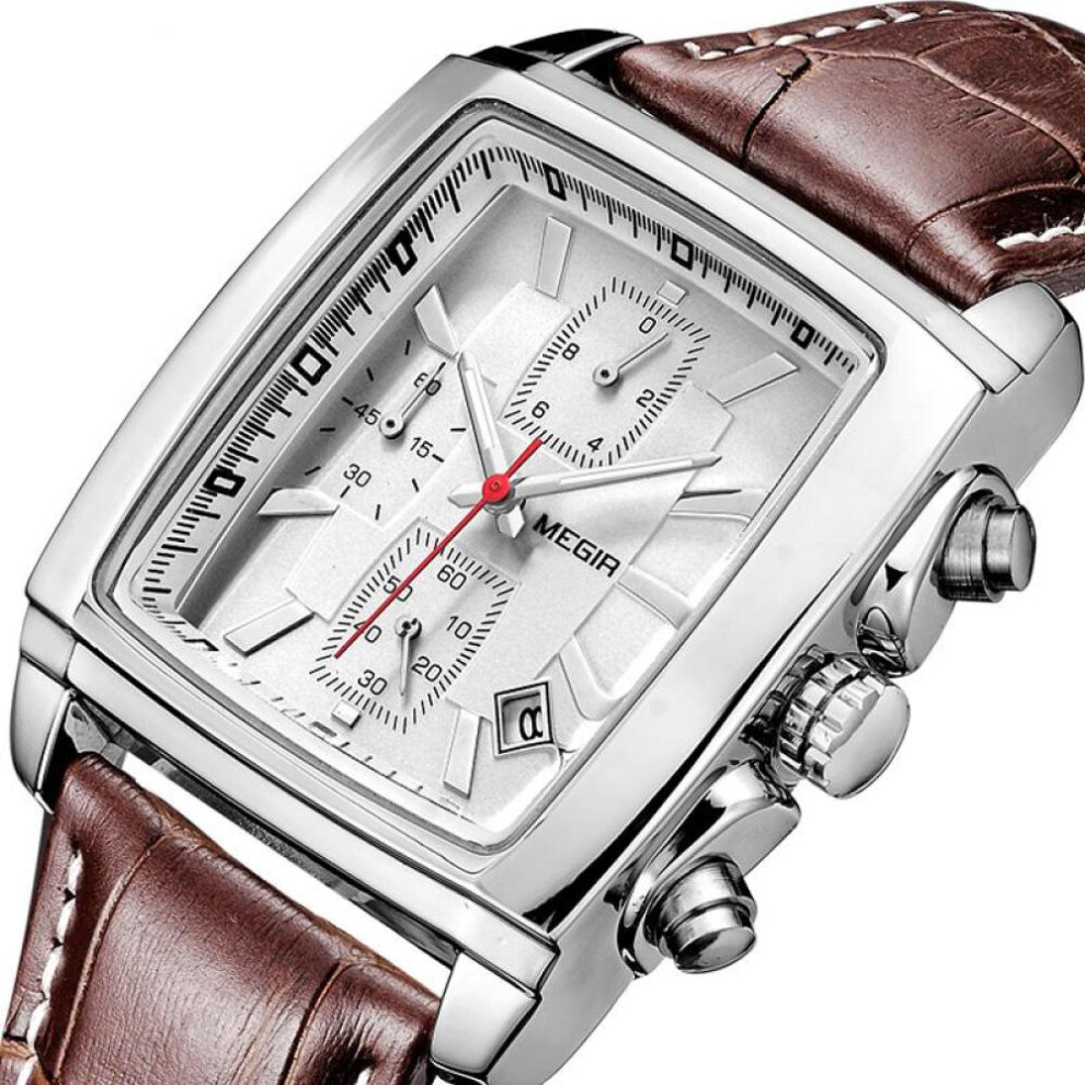 (White) MEGIR Men&apos;s Business Analog Chronograph Luminous Rectangle Quartz Watch with Stylish Leather Strap for Sport & Work 2028