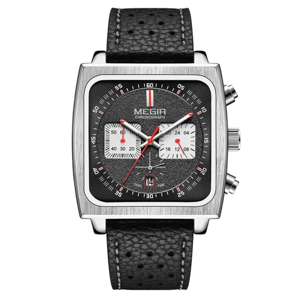 (Black) MEGIR Men&apos;s Rectangle Business Work Analogue Quartz Chronograph Luminous Sport Wrist Watch with Leather Strap ML2182G