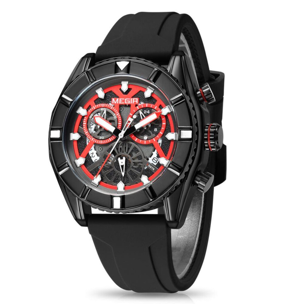 (Black) MEGIR Men&apos;s Sports Analog Chronograph Luminous Quartz Watch with Stylish Silicone Strap for Gifts