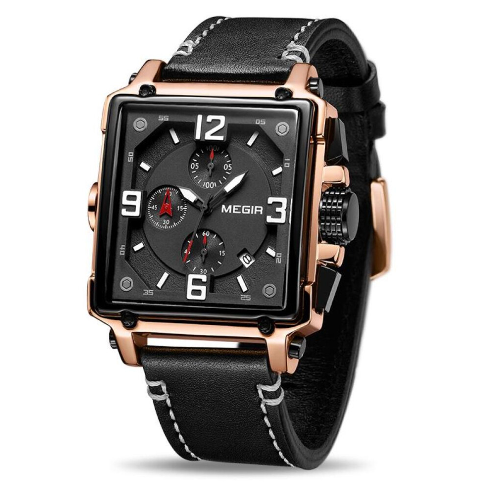 (Rose Black) MEGIR Creative Men Watch Top Brand Luxury Chronograph Quartz Watches Clock Men Leather Sport Army Military Wrist Watches Saat