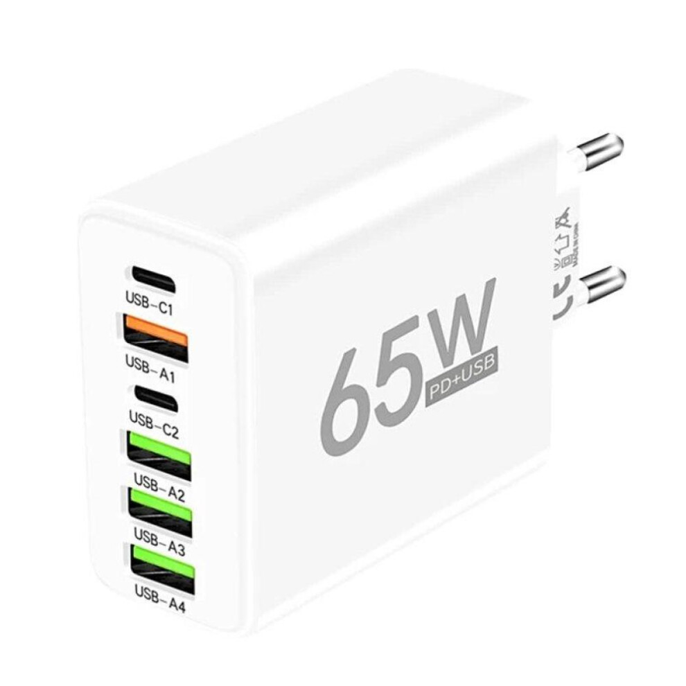 (EU Plug, White) 65W USB Charger 6 Port PD Type C Fast Charging Adapter For iPhone 13 14 15 Samsung Xiaomi Huawei Mobile Phone Wall Quick Charger