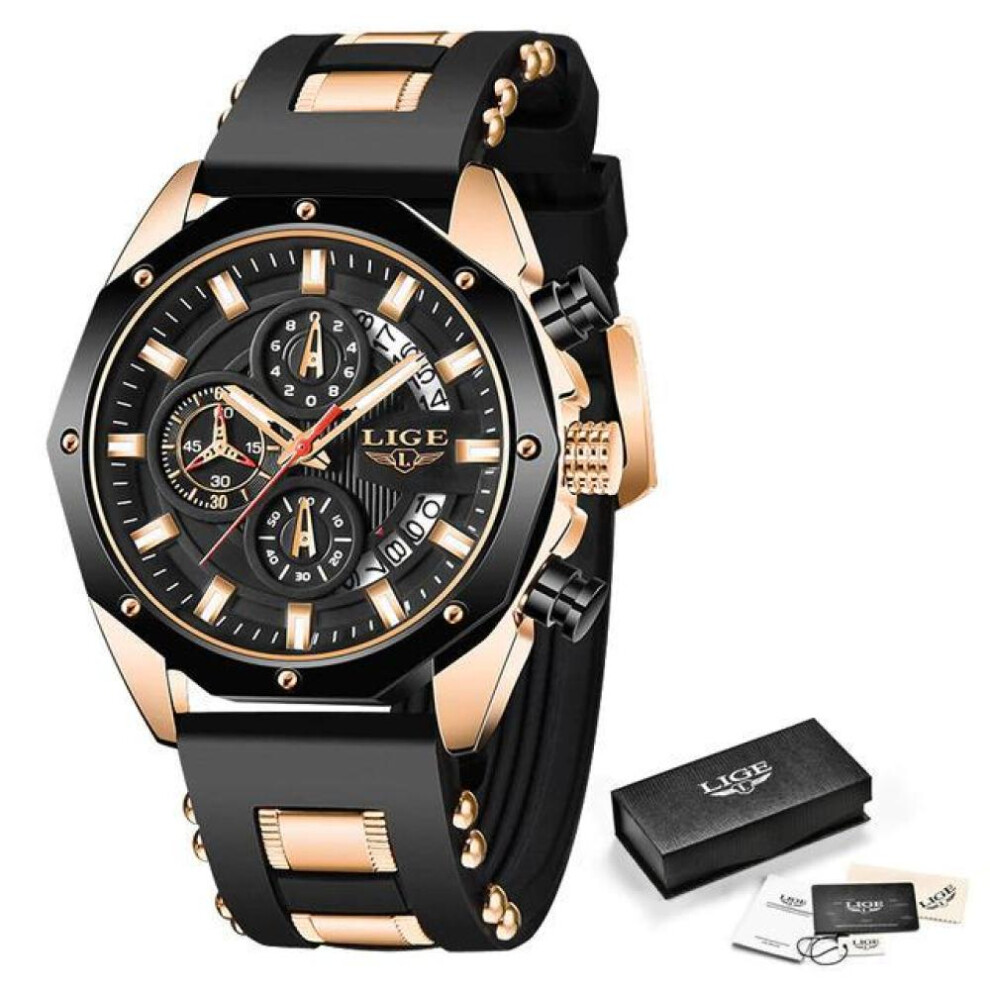 (Gold Black) LIGE New Watch Men Luxury Brand Big Dial Watches Men Waterproof Quartz Wristwatch Sports Chronograph Watch Relogio Masculino
