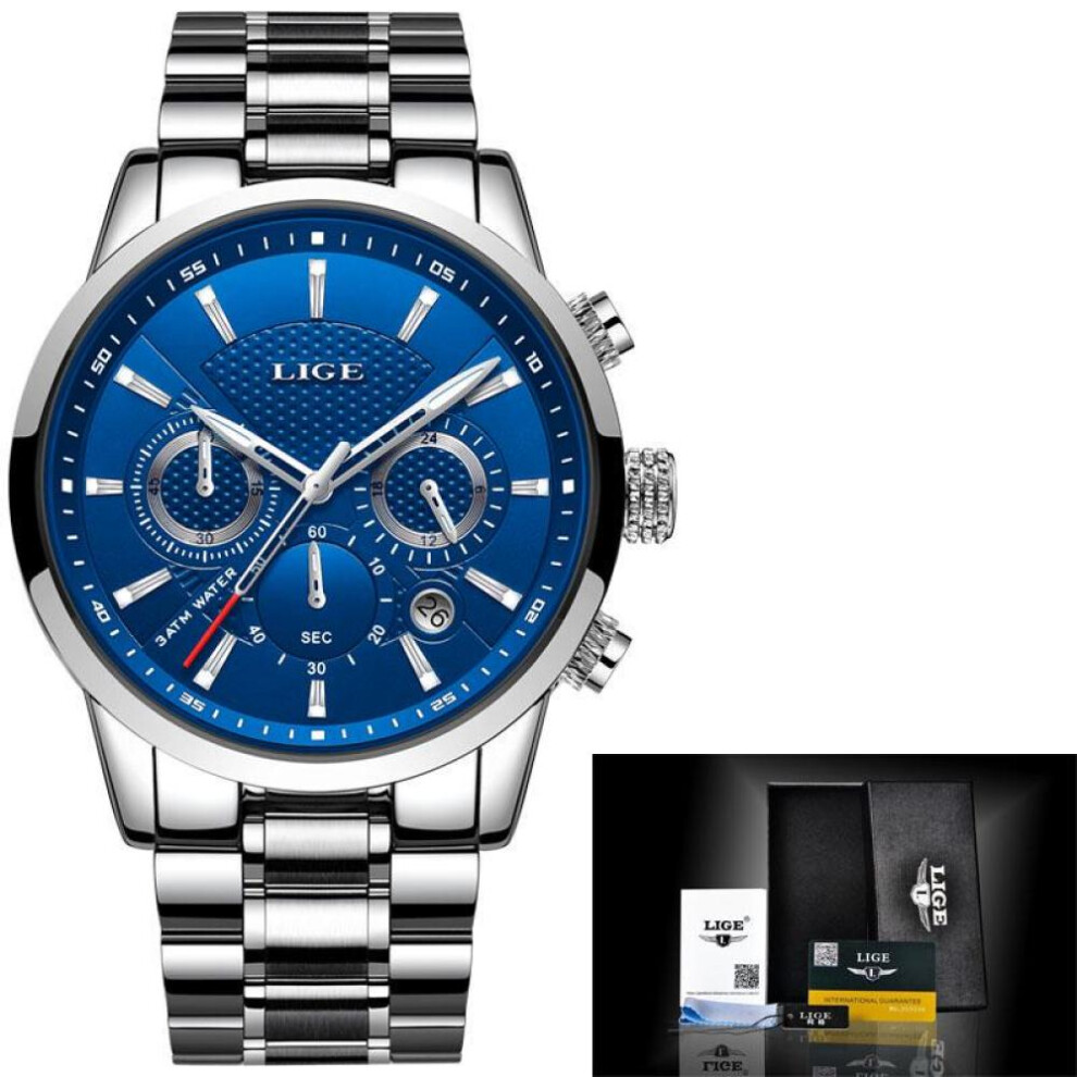(Silver Blue) Lige Military Sports Waterproof Men Wrist Watch