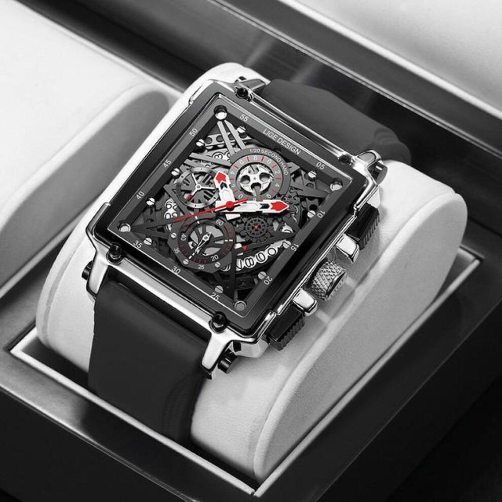 (Silver Black) Hollow Square Mens Watches Chronograph LIGE Brand Luxury Automatic Date Men Watch Waterproof Male Wristwatches