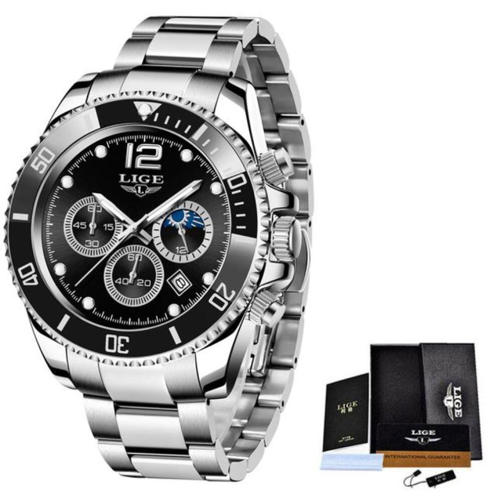 (Silver Black) LIGE  Mens Watches Top Brand Luxury Clock Casual Stainless Steel 24 Hour Moon Phase Men Watch Sport Waterproof Quartz Chronograph