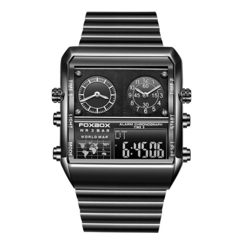 (Black) 2022 FOXBOX New Watches For Men Luxury Brand Stainless Steel Military Wristwatch Casual Digital Sport Date Clock Chronograph Mens Watch LIGE