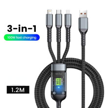 3-in-1 USB-C / Micro USB / Lightning Cable – 100W 5A Fast Charge, 1.2m, For iPhone, Samsung, Huawei, Xiaomi