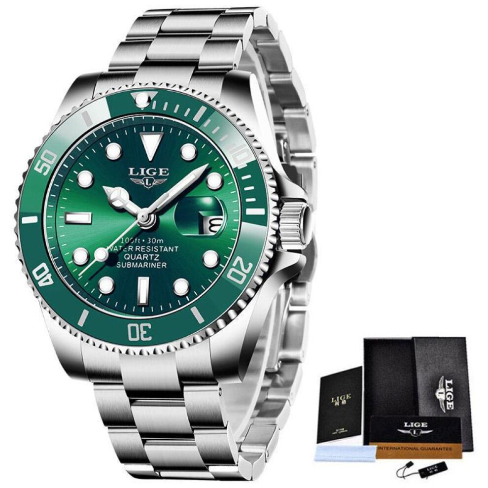 (Silver Green) LIGE Top Brand Luxury Fashion Divers Watches Men 30ATM Waterproof Date Watch Sports Watch Men Quartz Wristwatch