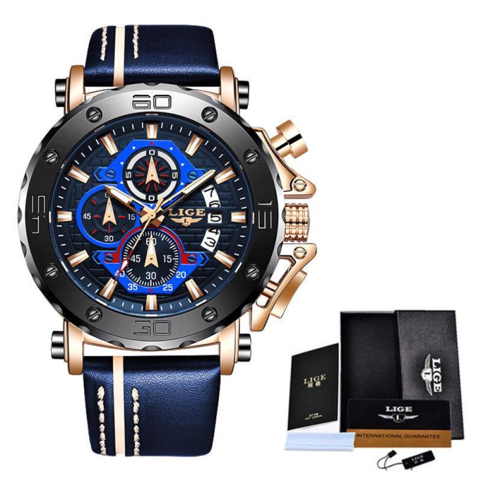 Lige (Gold Blue) 2020 New Mens Watches Top Brand Luxury Big Dial Military Quartz Watch Leather Waterproof Sport Wrist Watch Men Reloj Hombre Blue,Gold