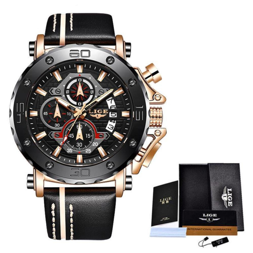 (Gold Black) 2020 LIGE New Mens Watches Top Brand Luxury Big Dial Military Quartz Watch Leather Waterproof Sport Wrist watch Men Reloj Hombre