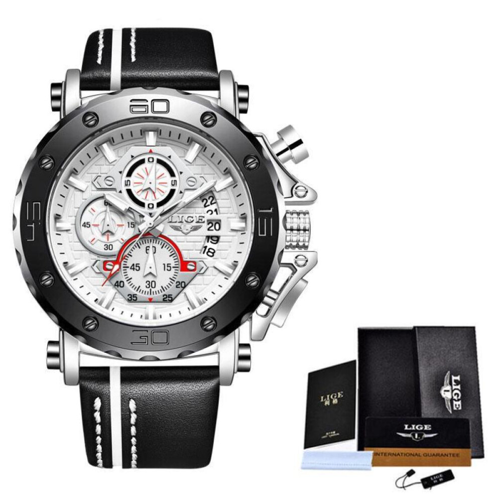 (Silver White) 2020 LIGE New Mens Watches Top Brand Luxury Big Dial Military Quartz Watch Leather Waterproof Sport Wrist watch Men Reloj Hombre