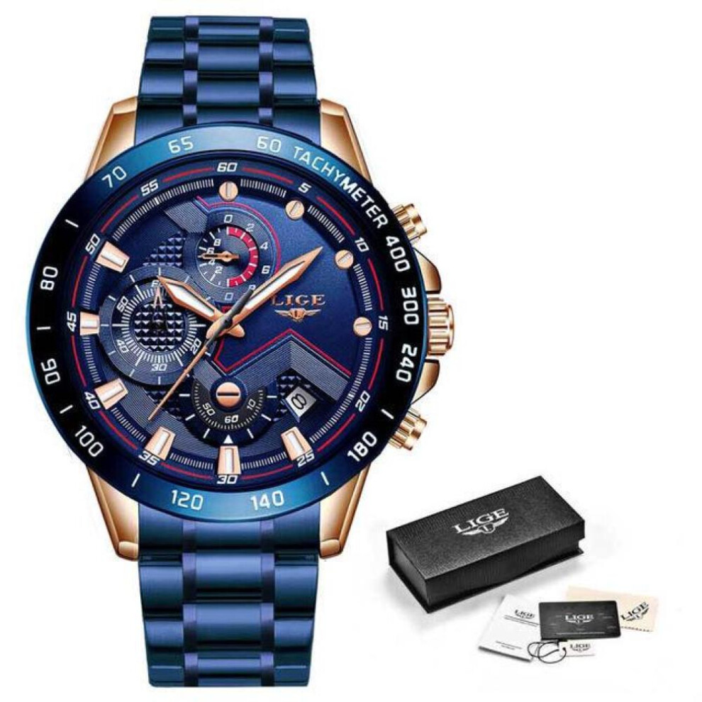 (Blue) LIGE 2020 New Fashion Mens Watches with Stainless Steel Top Brand Luxury Sports Chronograph Quartz Watch Men Relogio Masculino