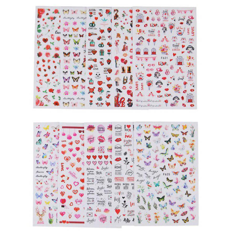 10Pcs Mix Nail Art Water Sticker Decals Flower Heart Cartoon Butterfly Transfer Slider Manicure Decoration Tools