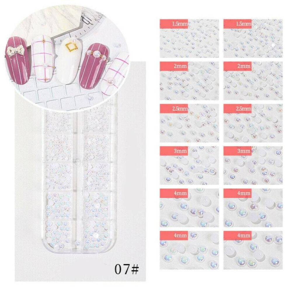 12 Grids/box Mixed Size White AB Nail Pearl Nail Decoration Nail Accessories Nail Ornament