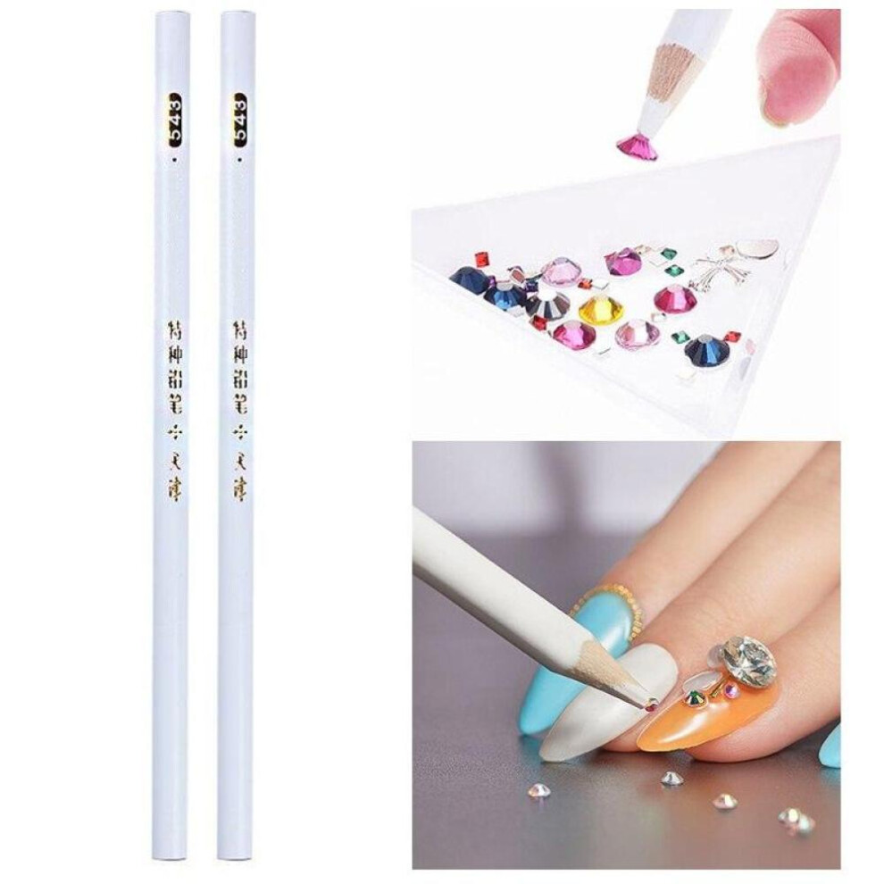 2Pcs Nail Wax Dotting Pencils Rhinestones Gems Picking Pencils 10Pcs Triangle Plastic Plates Gems Storage Tray