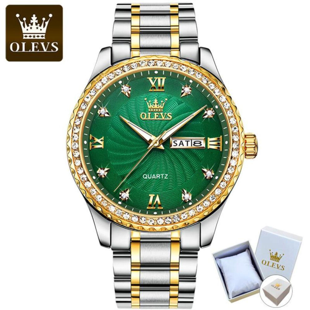 (Green) OLEVS 5565 Diamond Gold Watch Calendar 3 With Gift Box Diamond Gold Watch Calendar 3 Needles Luminous Waterproof Quartz Watch Men'S Watch
