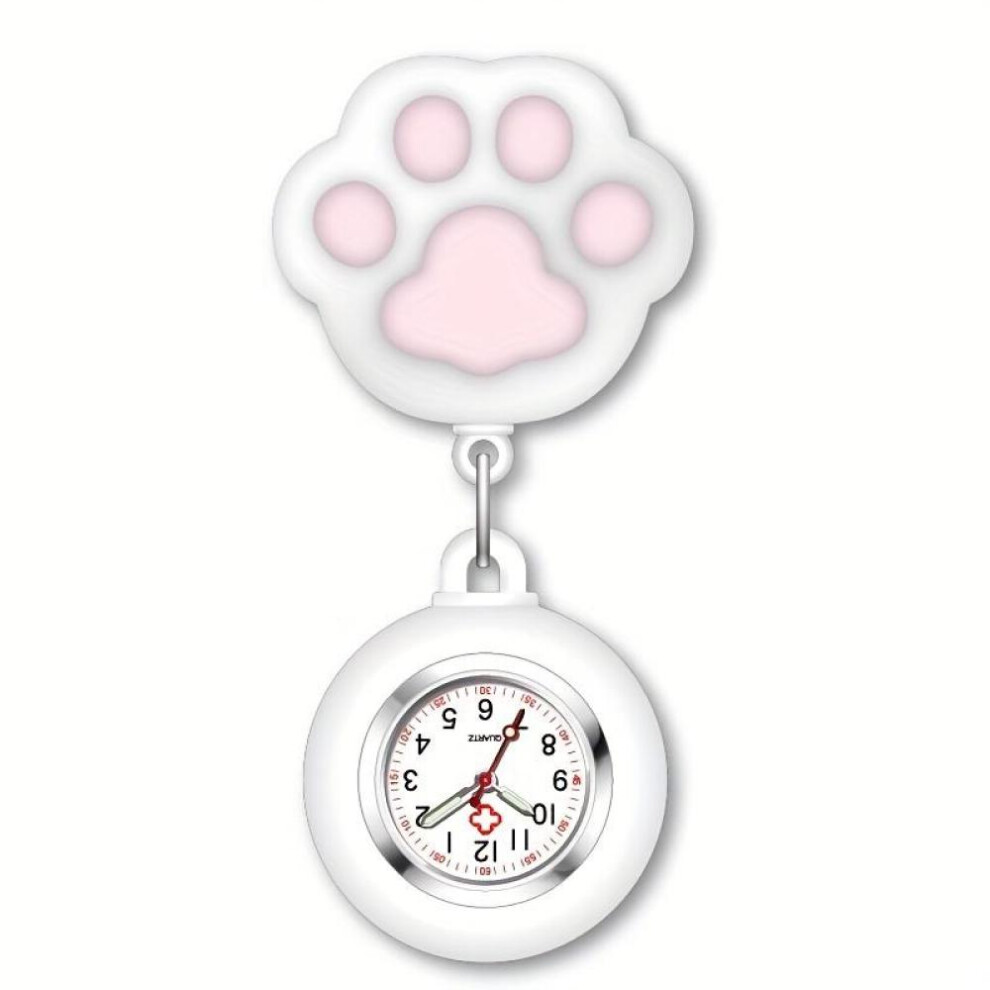 (White) Cute Cat Paw Nurse Watch Brooch With Clip Retractable Telescopic Nurse Doctor Paramedic Pocket Watch
