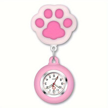 (Pink) Cute Cat Paw Nurse Watch Brooch With Clip Retractable Telescopic Nurse Doctor Paramedic Pocket Watch