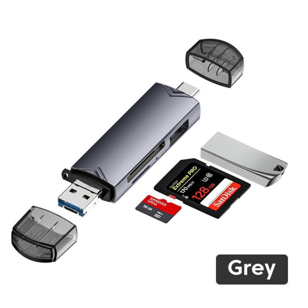 (Grey) 6 In 1 Card Reader Multifunction USB 3.0 Type C/ Micro USB/ Tf SD Memory Card Readers USB Flash Smart OTG Adapter for Phone Laptop Camera Macbook