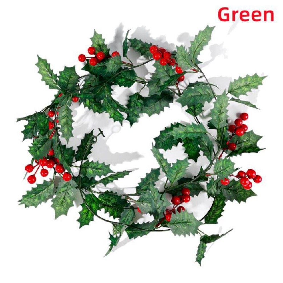 (Green) 2M Artificial Holly Leaves Red Berries Vine Christmas Rattan DIY Garland Xmas Tree Hanging Ornaments Home Decoration Wreath YSL
