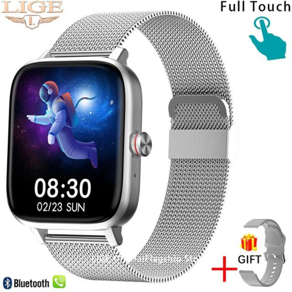 (Silver, Mesh belt) LIGE Call Smart Watch Women Custom Dial Smartwatch For Android IOS Waterproof Bluetooth Music Watches Full Touch Bracelet Clock