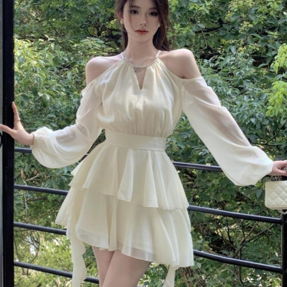(Beige, S) Women&apos;s Summer Off Shoulder Sweet Dress Elegant Long Sleeve Ruffles Party Dresses