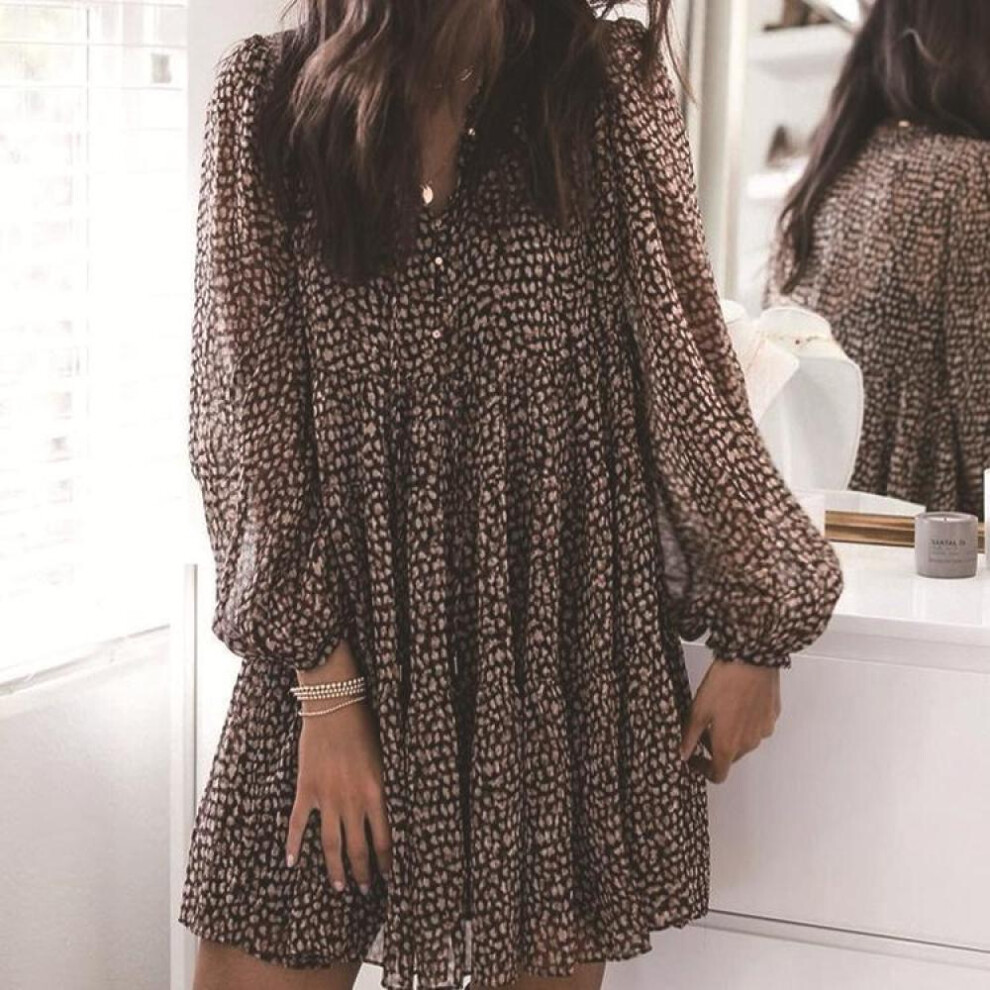 (Black, S) Women&apos;s Fashion Leopard Print Summer Spring Long Sleeve V-Neck Casual Dresses