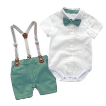 (18-24M, Green) Infant Baby Boys Gentleman Outfits Suits Bowtie Suspenders Shorts Formal Outfit
