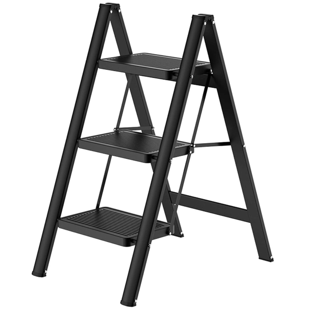 (Black 3 Step Ladder Folding Carbon Steel Stool) Black Metal Step Ladder Folding Carbon Steel Stool