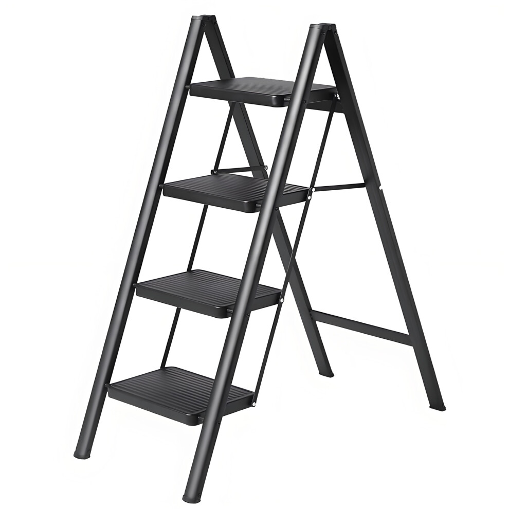 (Black 4 Step Ladder Folding Carbon Steel Stool) Black Metal Step Ladder Folding Carbon Steel Stool