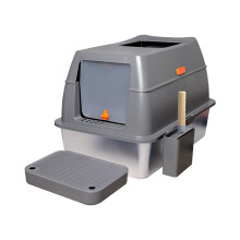 Stainless Steel Enclosed Cat Litter Box with Front & Top Entry, Includes Scoop, Front Step, Paw Cleaner, Lid Optional
