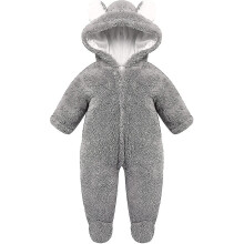 (9M, Grey) Newborn Romper With Bear Motif With Hood
