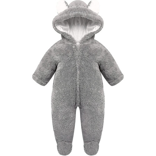 (9M, Grey) Newborn Romper With Bear Motif With Hood