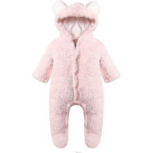 (12M, Pink) Newborn Romper With Bear Motif With Hood