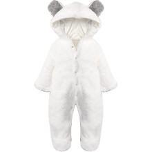 (12M, White) Newborn Romper With Bear Motif With Hood