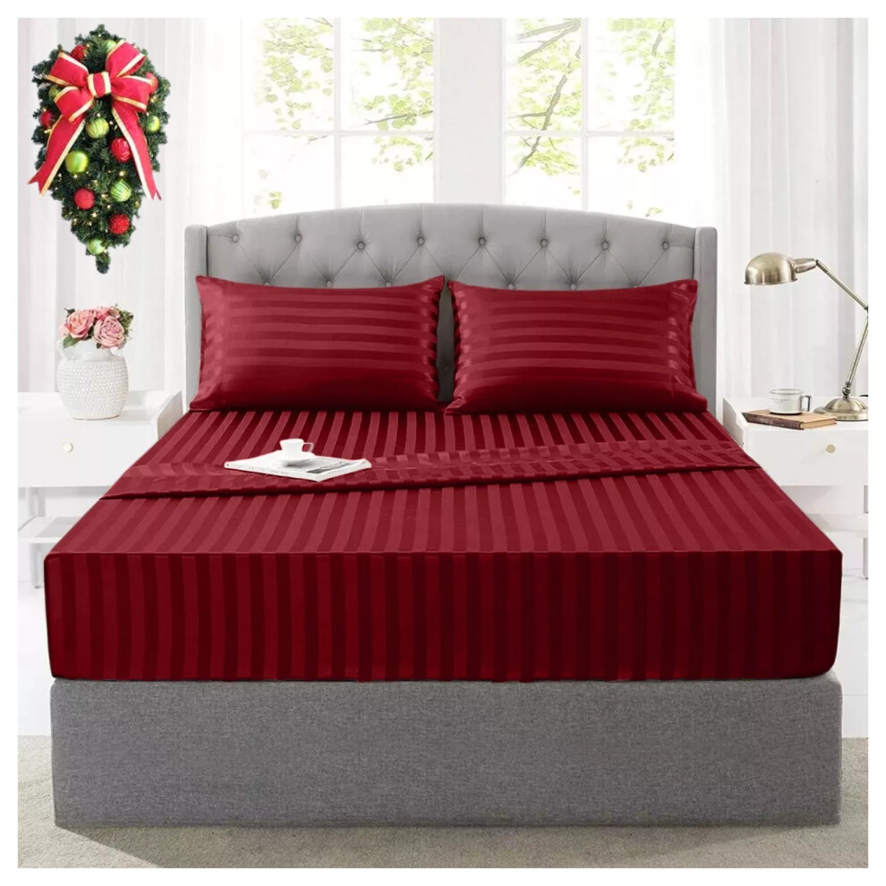 (King (152x200 cm)) Red Fitted Sheet Extra Deep 40cm Stripe Bed Sheets