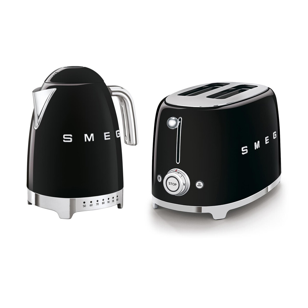Smeg 50's Style Retro Range Breakfast Set, 1.7L 3000W Variable Temperature Kettle and Multi-Functional Control 2-Slice 950W Toaster, Black